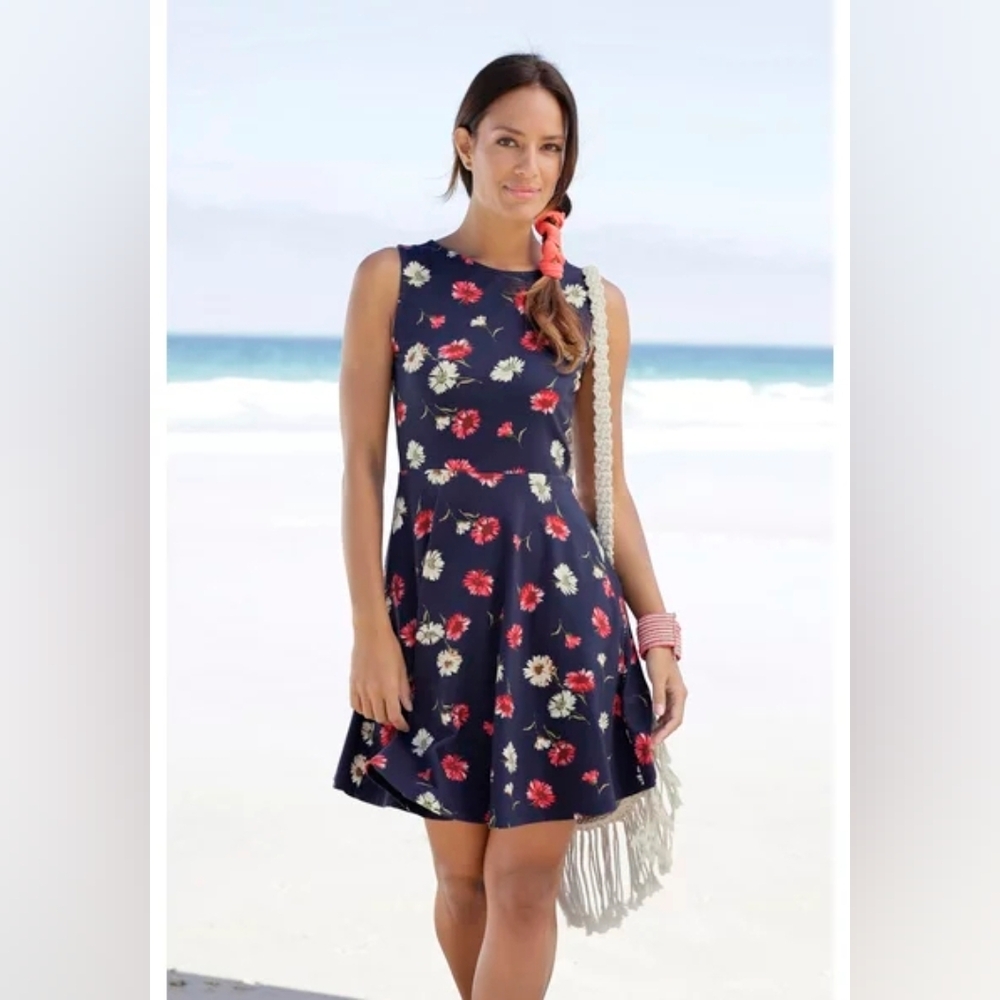 Lascana Navy Floral Sleeveless Mini Dress - Fit &‎ Flare Size 6 NWT
